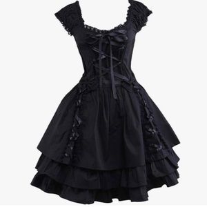 Goth Lolita Black lace up corset frill Dress